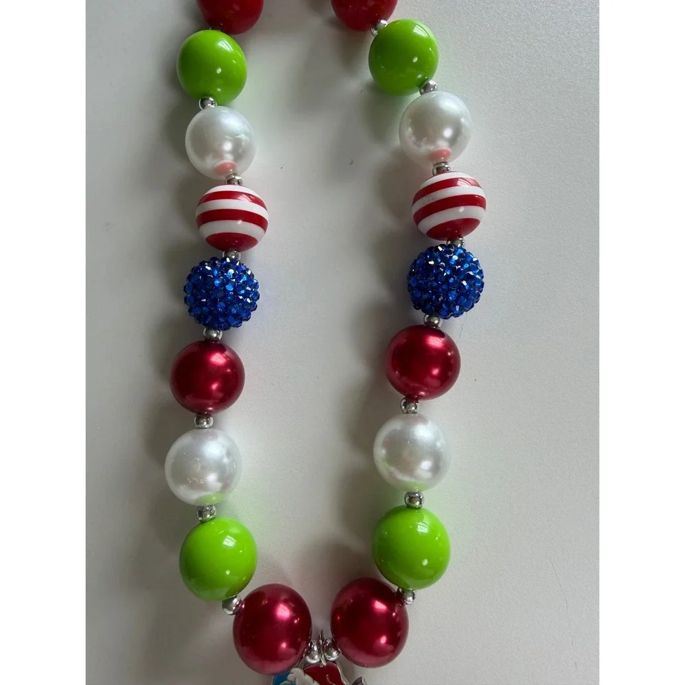 Disney Stitch Christmas Bubble Necklace Chunky Bead Holiday Jewelry Red Green